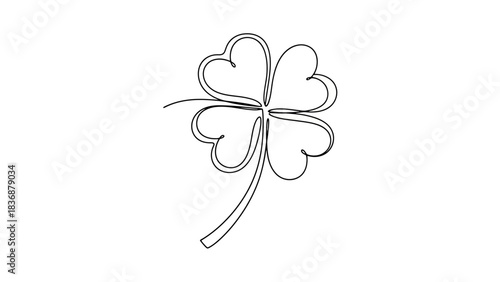 Minimalist continuous line drawing of a four-leaf clover, symbolizing luck and good fortune