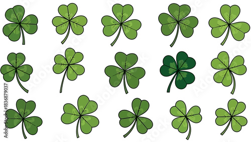 Collection of vibrant green shamrocks, symbols of luck and St. Patrick's Day, presented in a visually appealing arrangement