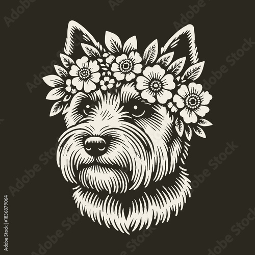 Adorable Terrier Dog with Floral Crown Portrait.