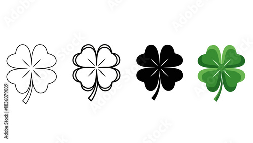 Versatile collection of lucky four-leaf clover graphic icons, featuring outline, bold line, solid black, and vibrant green variations, ideal for St. Patrick's Day designs and symbols of fortune