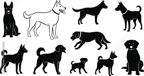 Dog silhouette cluster—vector of nine black and white profiles with varied postures and one outlined dog 