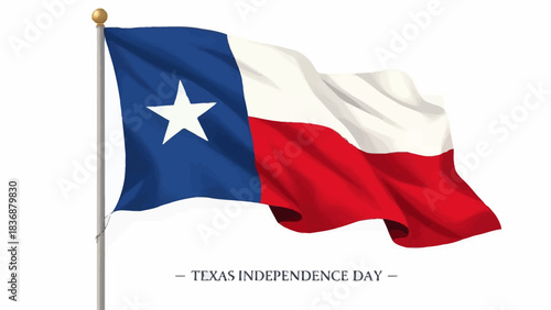 The Texas state flag, also known as the Lone Star Flag, is depicted waving proudly on a flagpole against a white background.