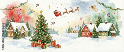 Santa Claus flying over snowy village with Christmas tree and gifts  