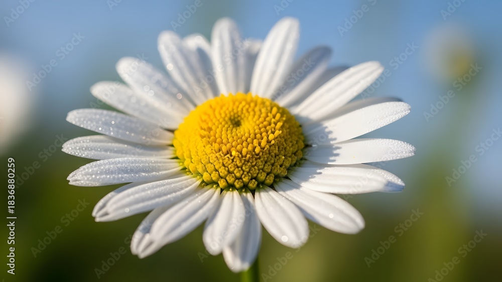 Fototapeta premium Closeup of a white daisy flower with a bright yellow center, showcasing its delicate petals and intricate details in natural light