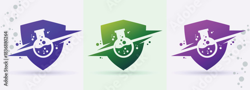 Shield chemistry beaker swoosh logo security protection science laboratory biotech safety clean brand icon
