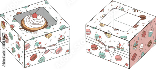 Cupcake in a Box with Sweets Pattern, Pink Ribbon, and Window Display