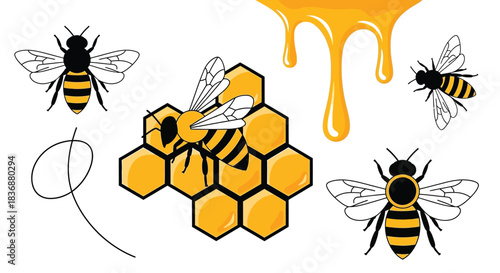Bees buzz around honeycomb with dripping honey