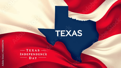Texas Independence Day celebration with the outline of Texas superimposed on a waving flag.