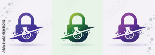 Padlock chemistry beaker swoosh logo security privacy protection science laboratory biotech brand icon
