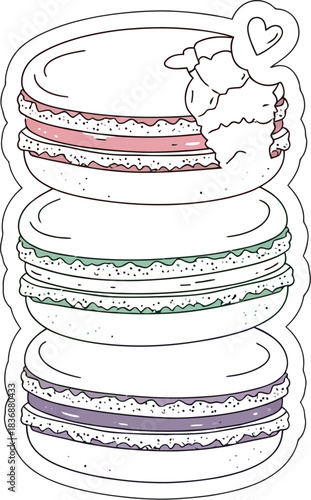 Colorful stack of macarons with bite on white background, sticker style