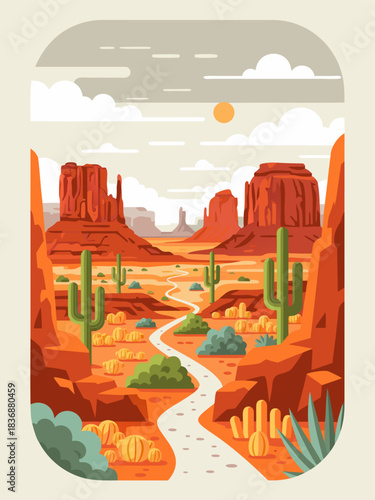 Epic desert journey A beautiful illustration of a winding path through a breathtaking Southwestern landscape with iconic red rocks and cacti