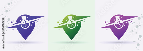 Location pin chemistry beaker swoosh logo map marker navigation science laboratory brand icon
