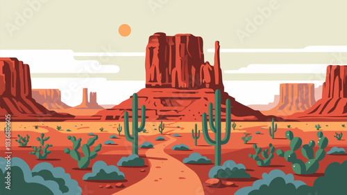 Expansive Desert Landscape Vector Art Featuring Towering Red Rock Mesas, Green Cacti, and a Solitary Dirt Road Under a Warm Sun, Ideal for Travel and Nature Concepts