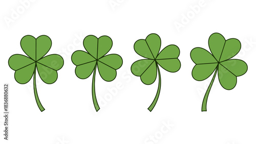 Illustrative collection of four green three-leaf clovers, representing good luck, Irish charm, and the festive spirit of St. Patrick's Day celebrations for various creative uses