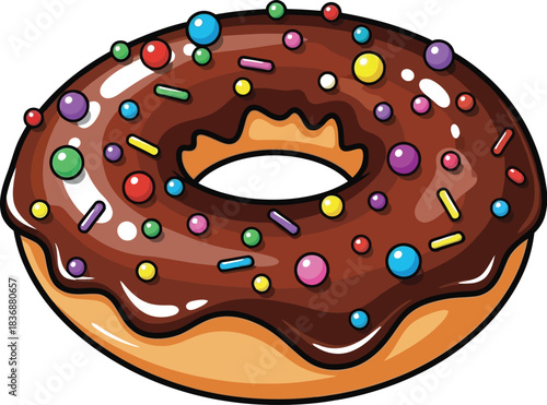 Cartoon chocolate donut with colorful sprinkles on a plain background