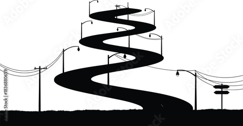 Winding elevated road silhouette—vector of surreal serpentine ascent with streetlights, power lines, and directional signpost