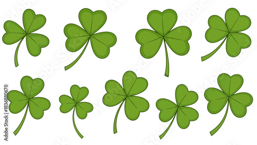 A charming collection of eight green shamrock illustrations, symbolizing luck and Irish heritage, ideal for festive St. Patrick's Day designs and seasonal decorations
