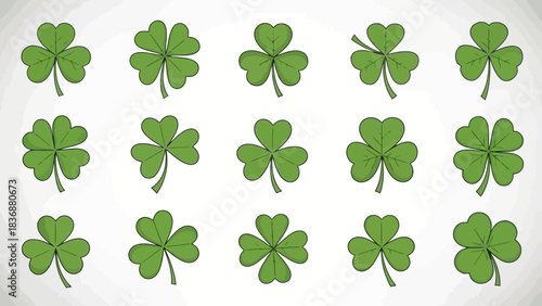 A versatile collection of hand-drawn green shamrock and three-leaf clover illustrations, ideal for St. Patrick's Day designs, adding a touch of Irish charm and luck to any creative project