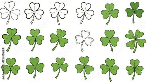 Diverse hand-drawn shamrock illustrations in various artistic styles, from outlines to textured green designs, perfect for Irish celebrations and good luck symbolism
