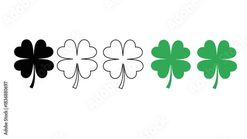 Set of five four-leaf clovers, three in green and two in black, one solid black and two outlined, symbolizing luck and good fortune