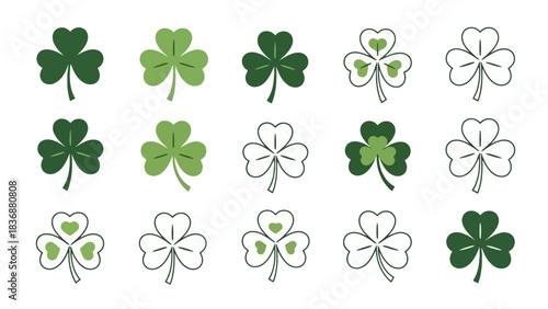Diverse collection of fifteen shamrock and three-leaf clover illustrations in various green hues and outline styles, perfect for St. Patrick's Day designs, Irish themes, and lucky charm projects