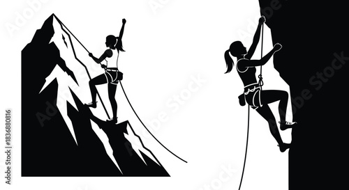 Women rock climbing mountain peaks with ropes and harnesses