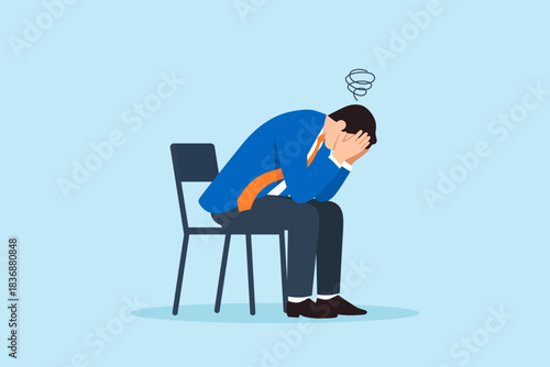 Flat illustration of businessman sitting alone with head in hands on chair symbolizing stress and burnout