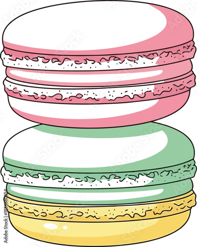 Stack of colorful macarons on a plain background, confectionery illustration