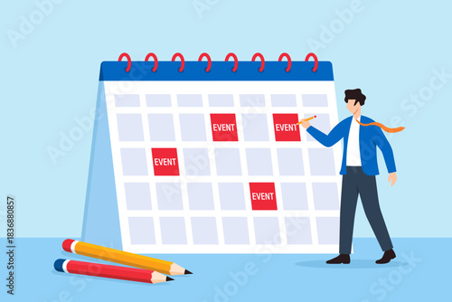 Flat illustration of businessman planning events on giant calendar symbolizing time management and scheduling