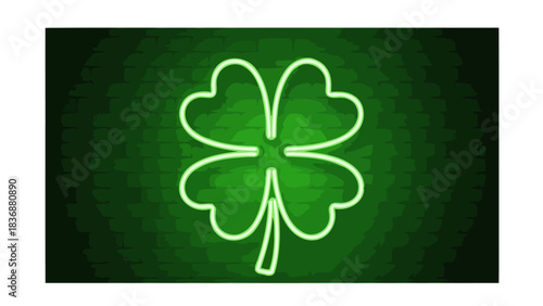 Vivid neon four-leaf clover glowing brilliantly against a dark green textured backdrop, symbolizing good luck, prosperity, and the joyful spirit of festive celebrations