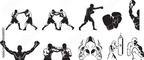 set of boxing silhouettes featuring fighters sparring, punching, and training for sports logos and gym design.