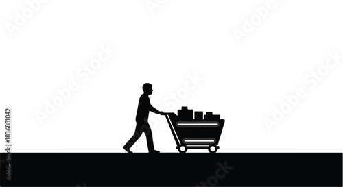 Silhouette of a person pushing a full shopping cart, symbolizing consumerism and commerce.