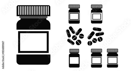 Black icons of medicine bottles and pills on white background