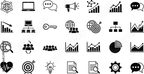 Business icons, data analysis vector set, communication symbols, global network, teamwork tools, strategy visuals, analytics graphics, planning elements, corporate operations