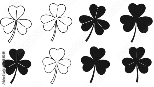 A collection of diverse shamrock and three-leaf clover designs, presented in both clean outline and bold solid black graphic illustrations, symbolizing luck, nature, and Irish heritage concepts