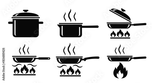 Black cooking pot and pan icons on white background