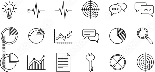 Business icons, data visualization vector set, communication tools, analytics symbols, planning elements, innovation graphics, strategy visuals, global network, corporate operations