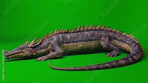 Detailed dragon figurine with scales and spikes on a green background in studio shot dragon green screen video