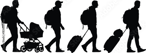 Traveler silhouette pack—vector of four walking figures with stroller, backpacks, and wheeled suitcases