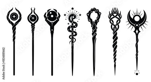 Magical wands with mystical symbols and stars