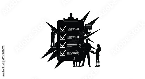 Team reviewing checklist on clipboard with progress markers, symbolizing task completion and project success.