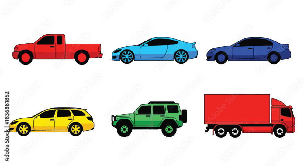 Naklejka premium Colorful cars and trucks in various styles and colors