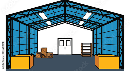 Modern warehouse interior with storage boxes and shelves