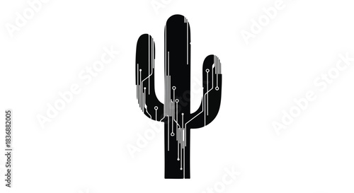 Abstract black cactus silhouette with integrated circuit patterns, representing technology and nature fusion.