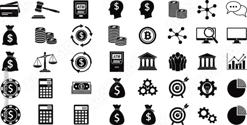 Finance icons, banking vector set, currency symbols, savings tools, legal graphics, fintech visuals, business operations, financial planning, investment strategy, global economy, money management