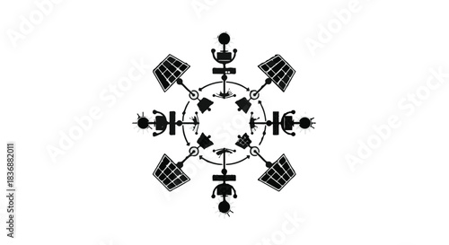 Abstract circular arrangement of stick figures and solar panels symbolizing renewable energy and global cooperation.