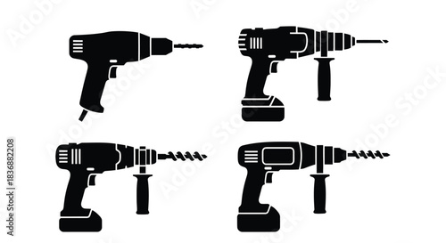 Set of modern drill tools in black silhouette