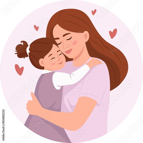 Loving mother hugging her little daughter.Beautiful woman embracing cute girl in a tender family moment. Mother's day.Vector Illustration