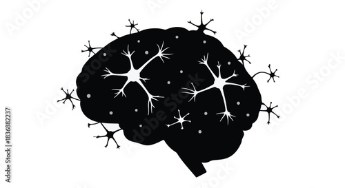 Abstract illustration of a black brain silhouette with white neuron connections and synapses.