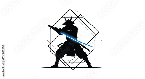 Silhouette of a warrior in traditional armor wielding a glowing sword against a geometric background